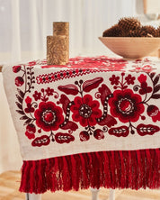 Exclusive Ukrainian embroidered wedding rushnyk with rich red cross-stitched floral motifs, crafted from 100% linen.