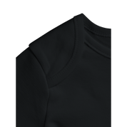 Close-up of Serano long sleeve black baby bodysuit, showcasing soft cotton fabric and lap shoulder design for comfort and convenience.