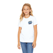Girl wearing Print on Demand Tivvi Kids Cotton Tee, white with ribbed collar, showcasing design area. Ideal for personalization.