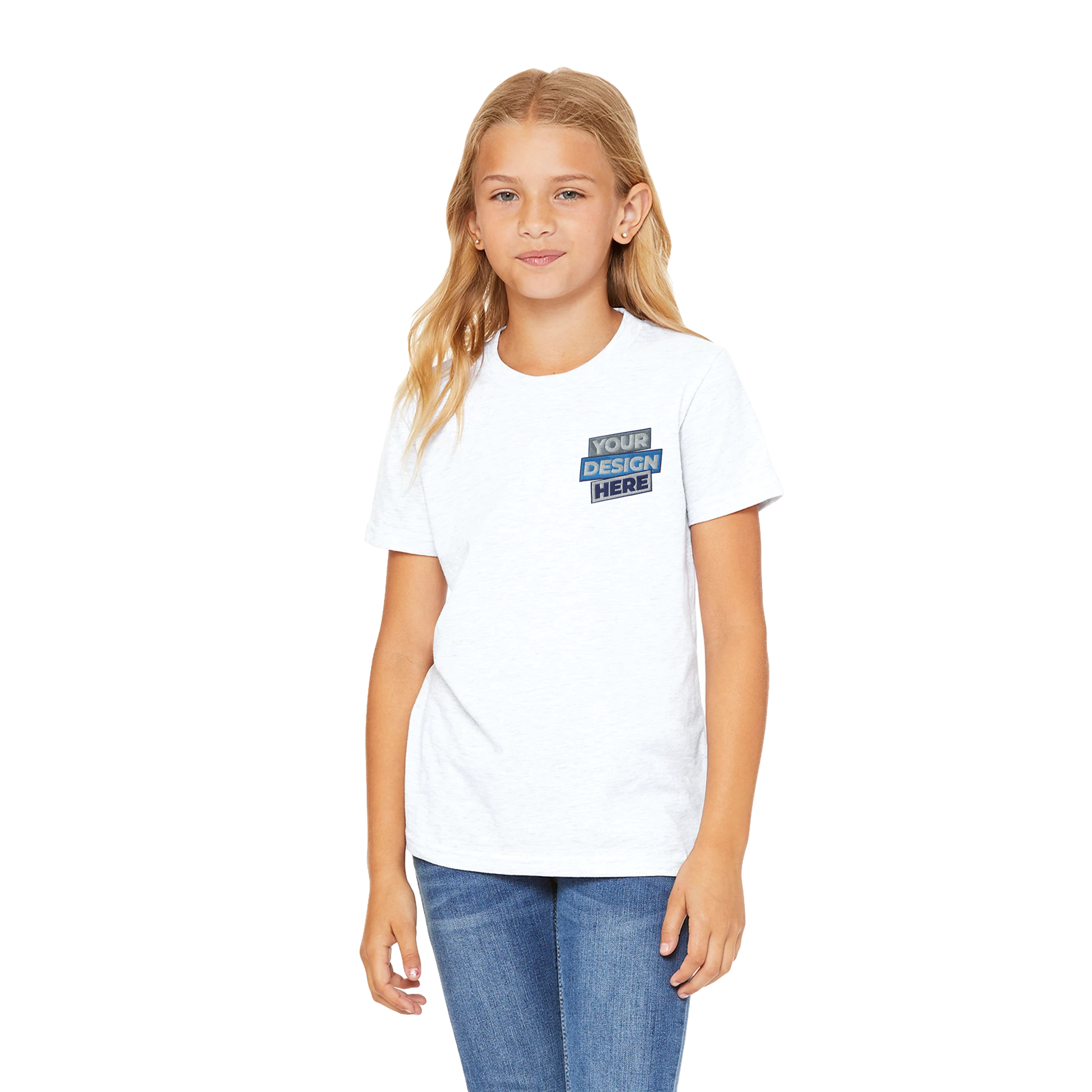 Girl wearing Print on Demand Tivvi Kids Cotton Tee, white with ribbed collar, showcasing design area. Ideal for personalization.