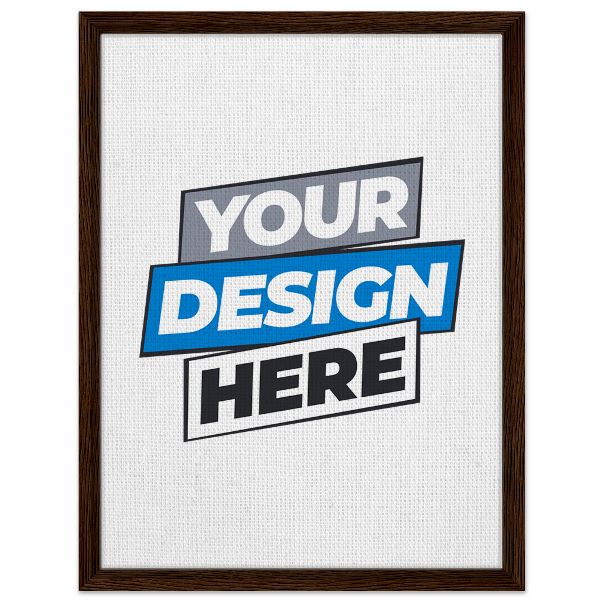 Framed canvas with customizable design in dark brown frame, featuring FSC-certified wood and cotton-polyester blend.