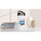 Print on demand 15oz stainless steel travel mug with customizable design, double-wall insulation, and leak-proof lid on a table.