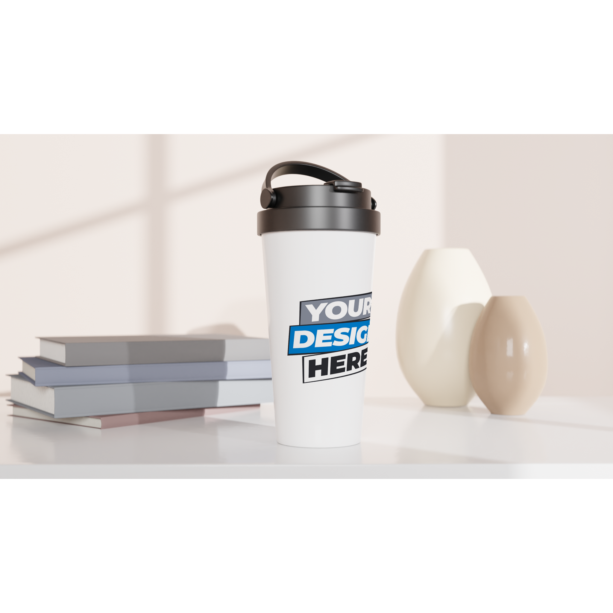 Print on demand 15oz stainless steel travel mug with customizable design, double-wall insulation, and leak-proof lid on a table.