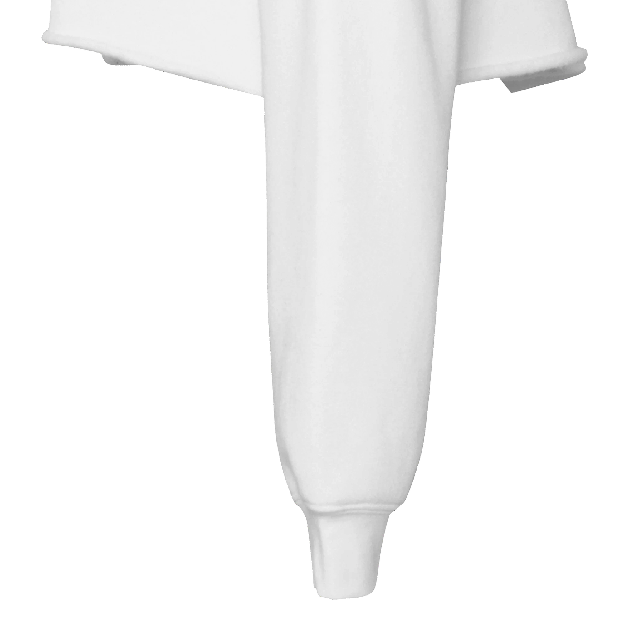 White Elowen cropped hoodie with raw hem, showcasing soft fleece fabric and relaxed streetwear style ideal for layering.