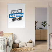 Cozy bedroom with a blank fine art poster on the wall, ready for custom design, featuring vibrant colors and a matte finish.