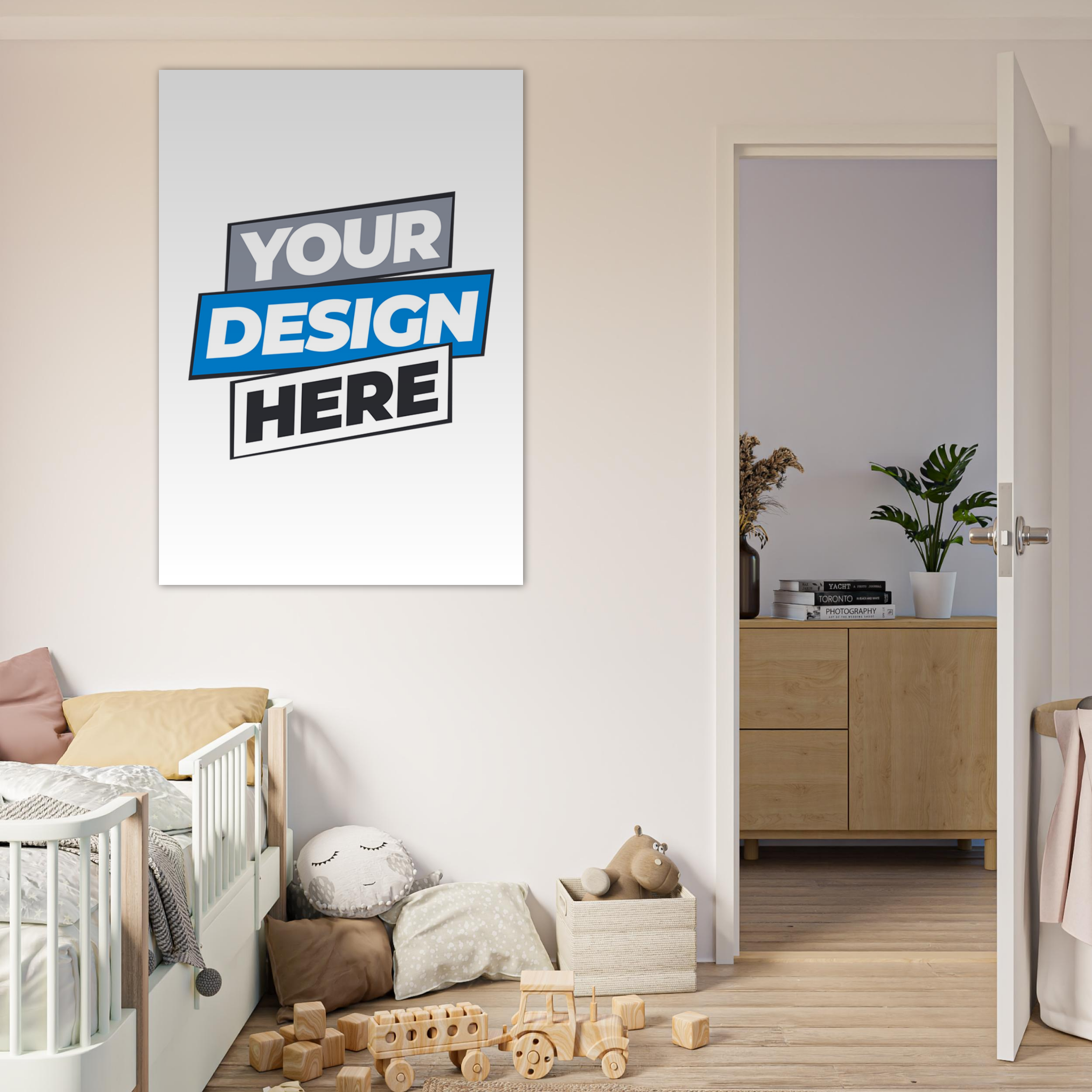 Cozy bedroom with a blank fine art poster on the wall, ready for custom design, featuring vibrant colors and a matte finish.
