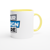 Print on Demand Irvelle Ceramic Mug with yellow color accent, customizable with vibrant design for coffee or tea, 11 oz capacity.