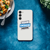 Customizable transparent flexi iPhone case on blue background, showcasing potential design. Lightweight, tear-resistant, wireless charging compatible.