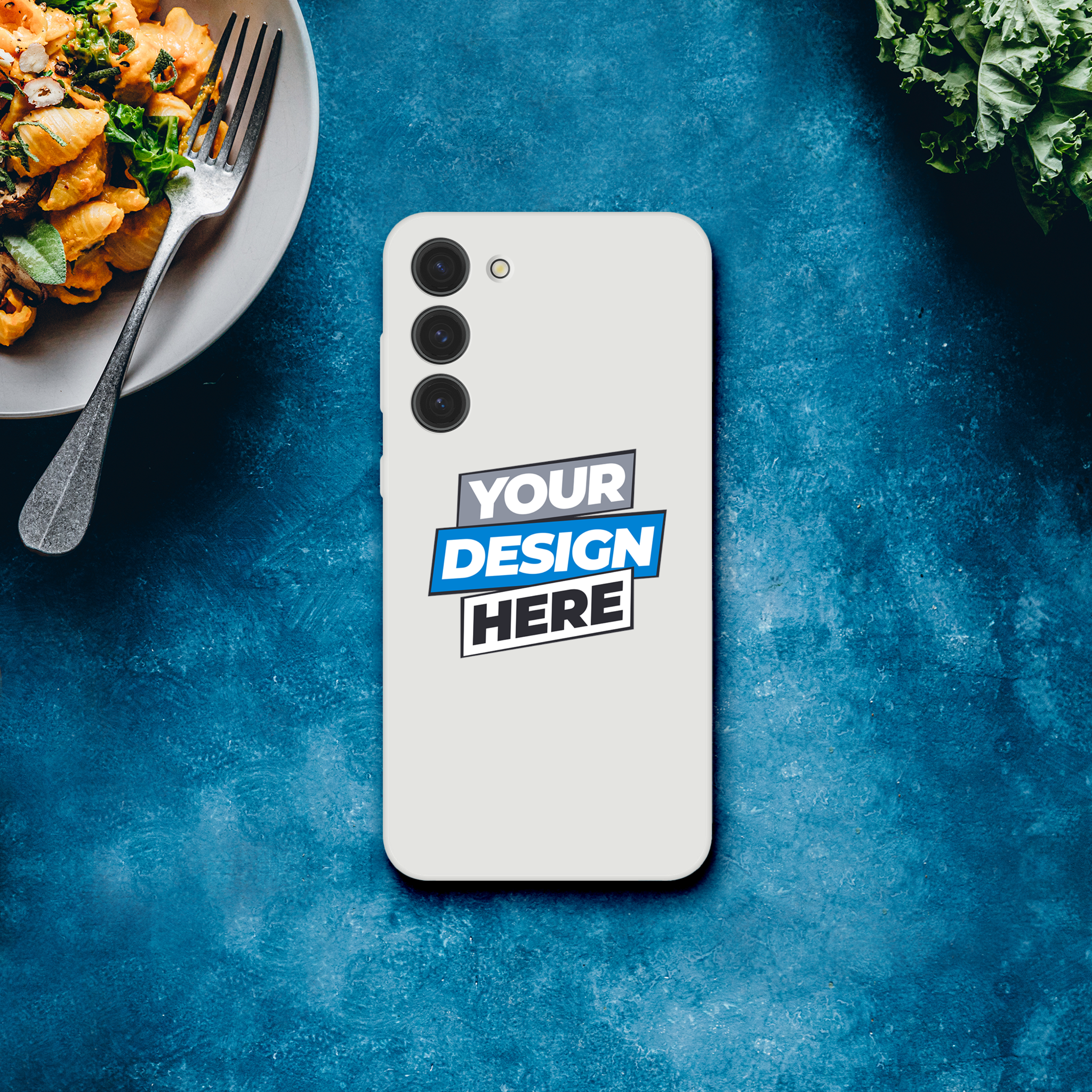 Customizable transparent flexi iPhone case on blue background, showcasing potential design. Lightweight, tear-resistant, wireless charging compatible.