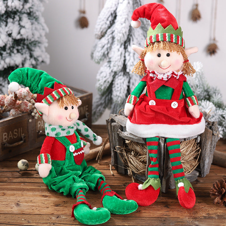 Christmas hanging legs sitting doll ornaments, male and female models, festive holiday decorations with long playful legs.