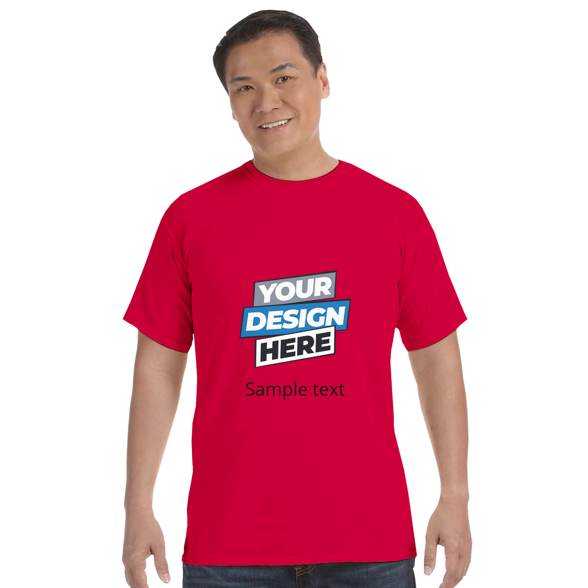 Man wearing red Durmor heavyweight t-shirt with customizable design, 100% US-grown cotton, ideal for daily wear.