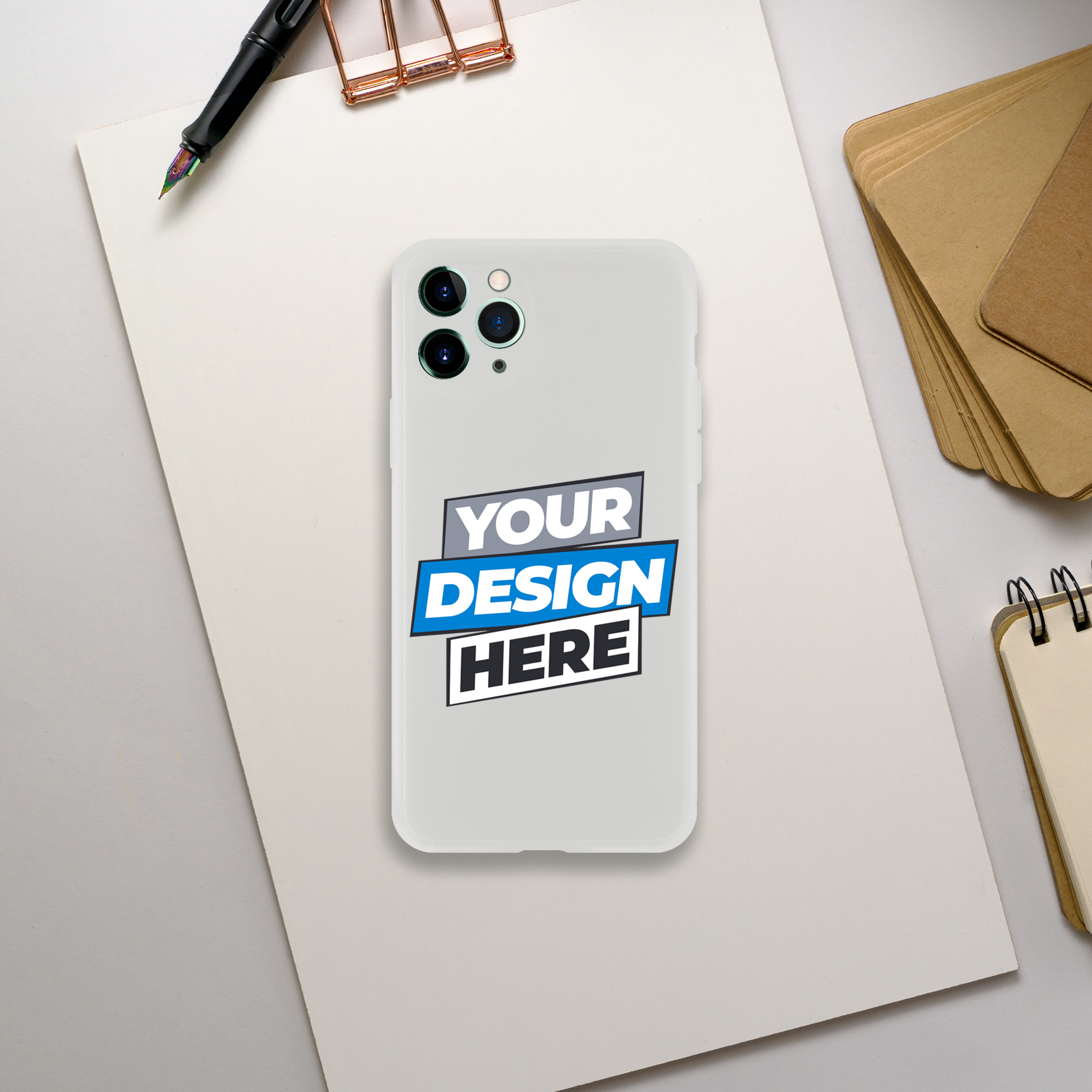 Transparent Flexi Case with art design on desk, showcasing clear texture and impact resistance, compatible with wireless charging.
