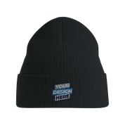 EcoSoft organic cotton beanie with customizable design, sustainable 11" knit, classic cuff, perfect for eco-friendly, comfortable wear.