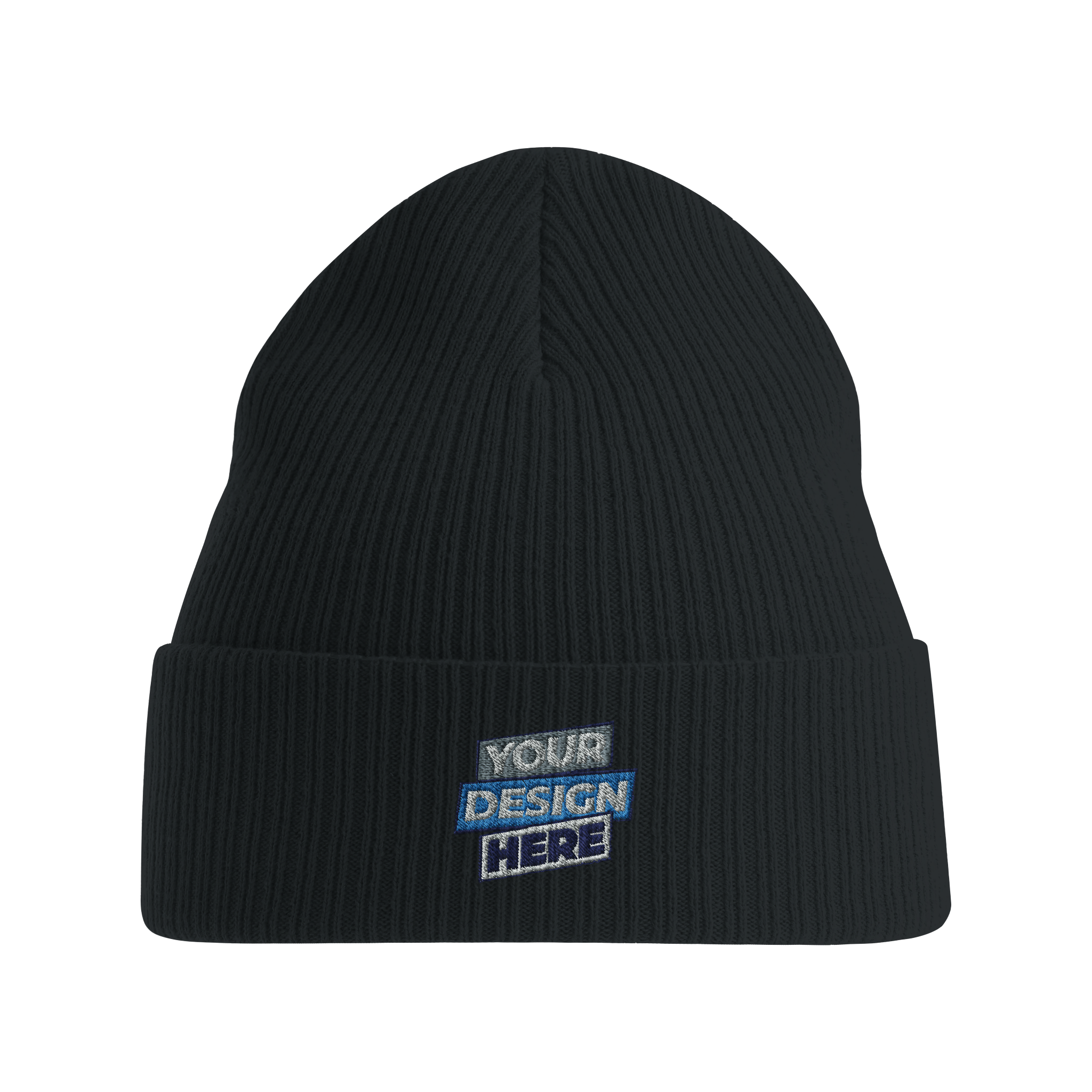 EcoSoft organic cotton beanie with customizable design, sustainable 11" knit, classic cuff, perfect for eco-friendly, comfortable wear.