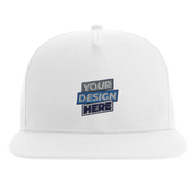 White flat bill cap with customizable design, featuring high-profile five-panel structure and green undervisor.