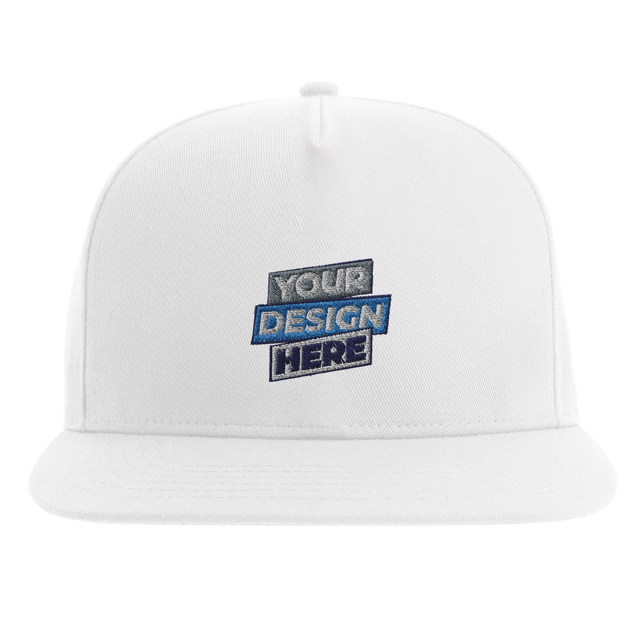 White flat bill cap with customizable design, featuring high-profile five-panel structure and green undervisor.