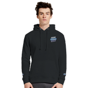 Man wearing Elmoré Premium Pullover Hoodie with custom design, featuring a three-panel hood and kangaroo pocket.