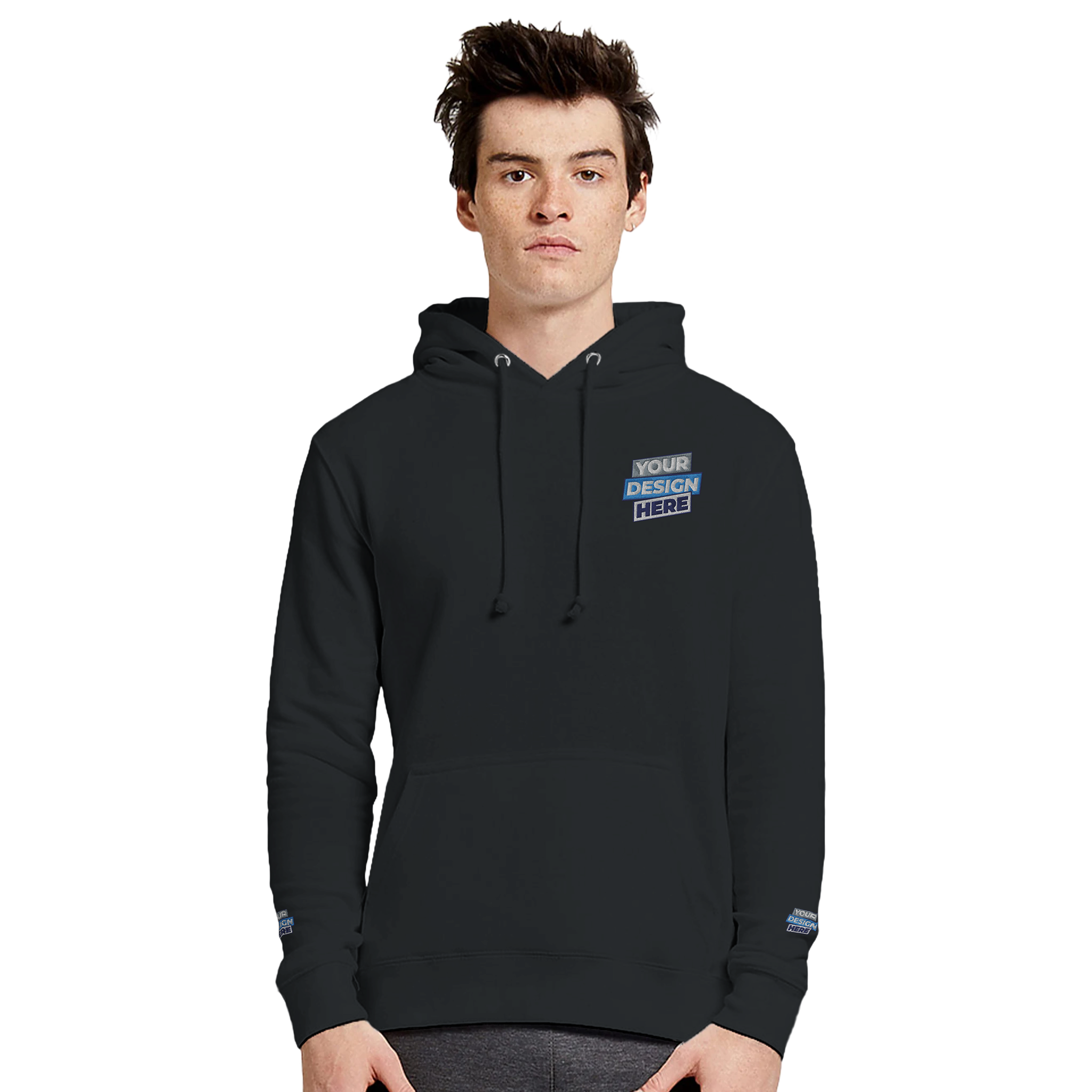 Man wearing Elmoré Premium Pullover Hoodie with custom design, featuring a three-panel hood and kangaroo pocket.