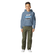 Child in a blue Terylo Youth Fleece Hoodie for print on demand, showcasing soft midweight fleece and classic fit for everyday comfort.