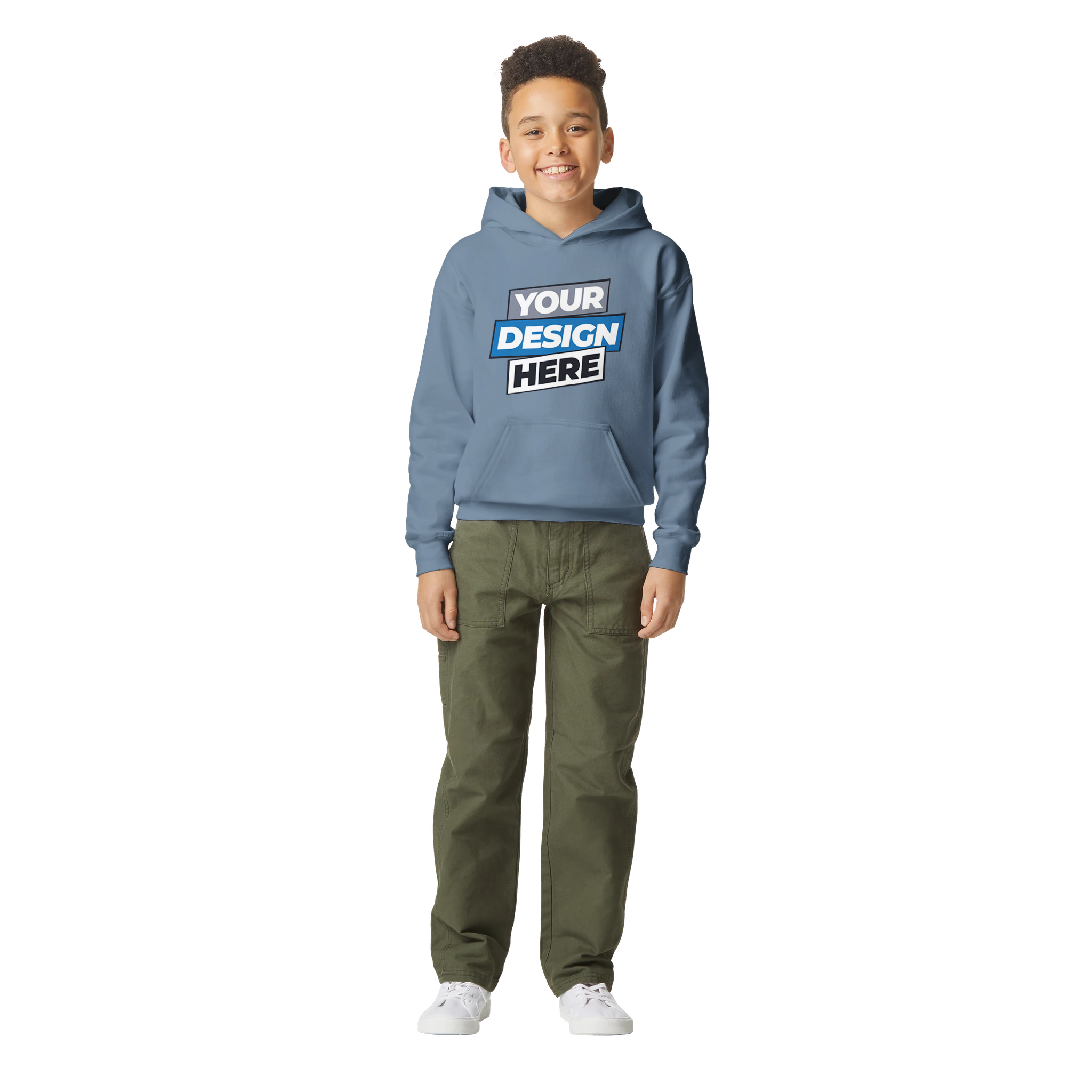 Child in a blue Terylo Youth Fleece Hoodie for print on demand, showcasing soft midweight fleece and classic fit for everyday comfort.