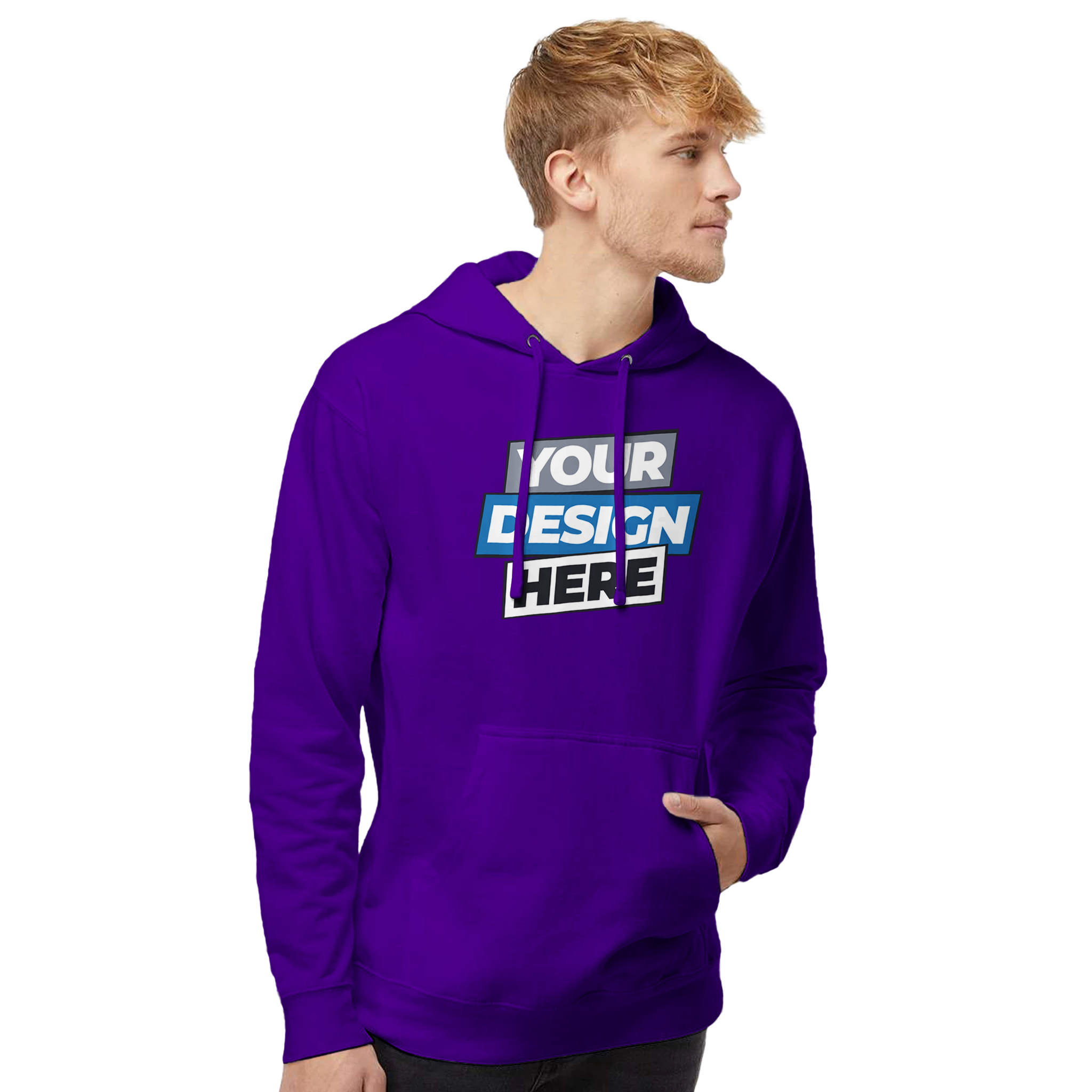 Man wearing a purple Vardelux midweight hoodie with custom design, front view, showcasing streetwear style and comfort.