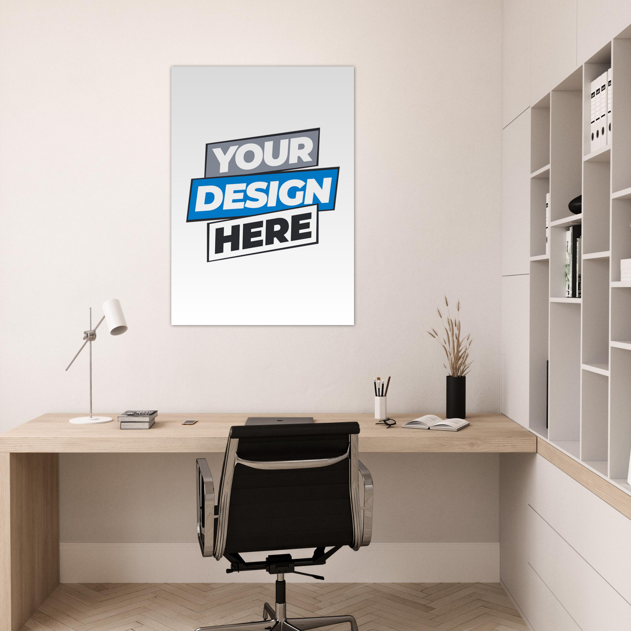 Modern office desk with a customizable art poster, perfect for adding vibrant fine art to your workspace or home decor.