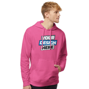 Model wearing pink Vardelux midweight hoodie with customizable design, featuring a kangaroo pocket and jersey-lined hood.