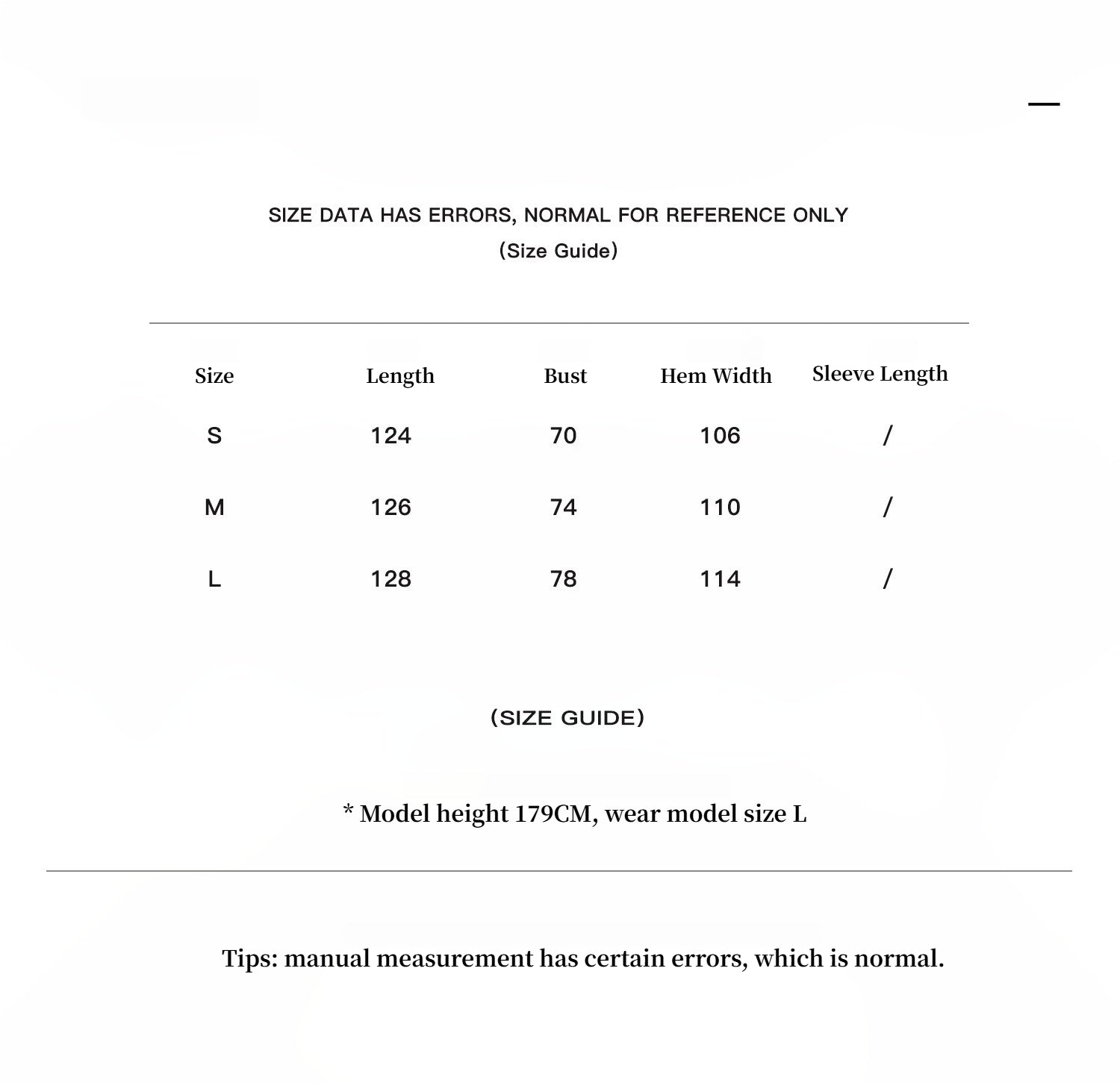Size guide for Feryn Enzyme-Washed Vest Dress, available in sizes S, M, L with length, bust, and hem width measurements.