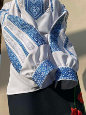 Galician Cotton Vyshyvanka with blue embroidery, traditional Ukrainian blouse made from natural cotton fabric.