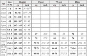 Children's clothing size chart for ages 1 to 14, detailing height, chest, waist, and hips measurements in centimeters and inches.