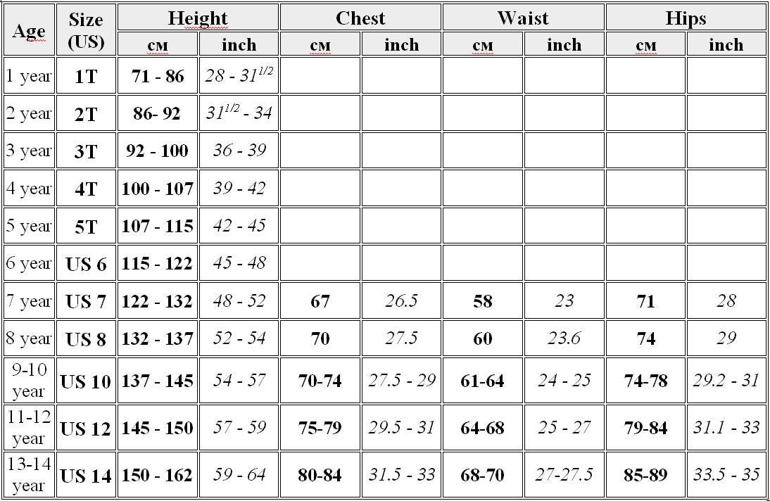 Children's clothing size chart for ages 1 to 14, detailing height, chest, waist, and hips measurements in centimeters and inches.