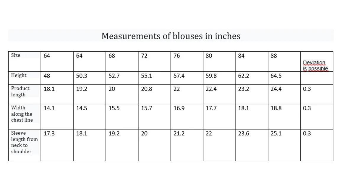Size chart for Ukrainian linen embroidered shirt for girls, showing measurements in inches for sizes 64-88, with possible deviation.