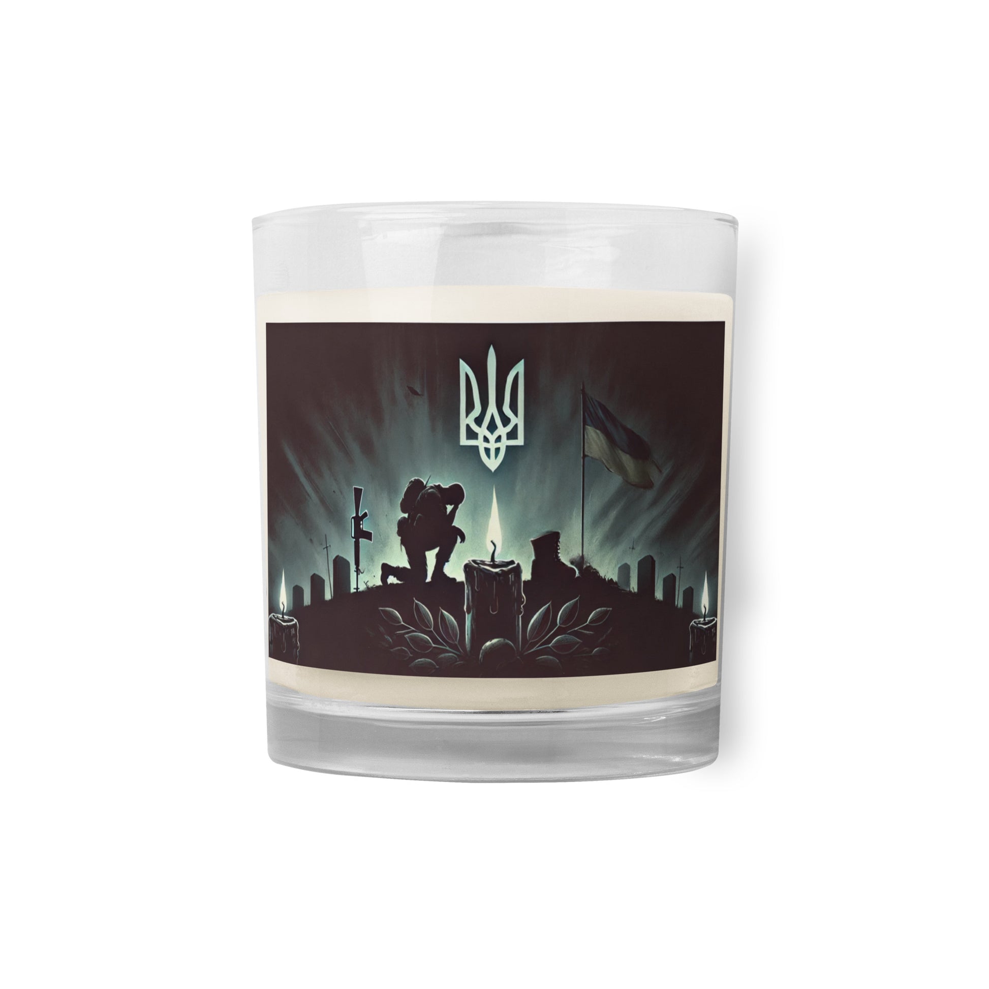 Hand-poured soy wax candle with Ukrainian memorial design in glass jar, symbolizing patriotism and reflection.