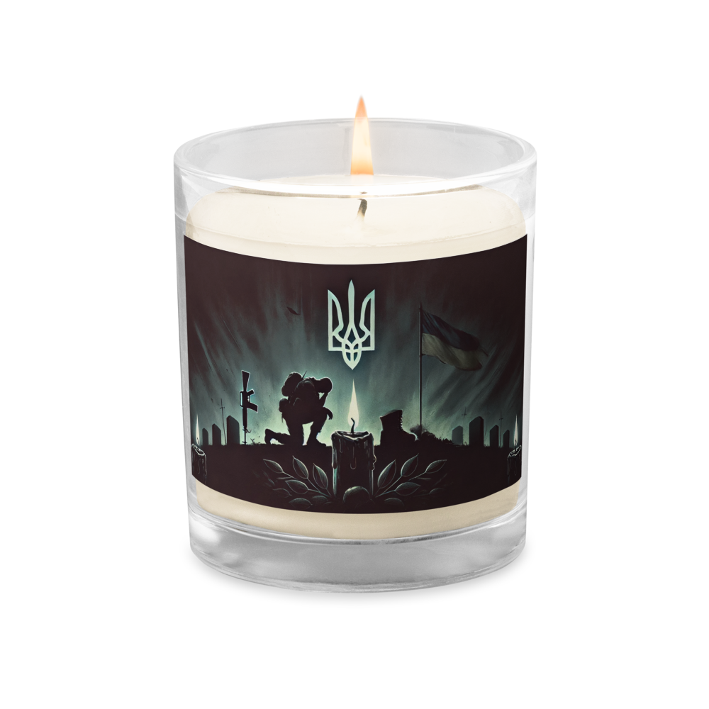 Hand-poured soy wax candle in glass jar with Ukrainian memorial design, symbolizing reflection and patriotism.