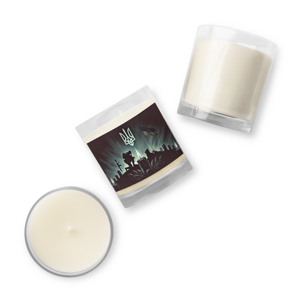 Hand-poured soy wax candle in glass jar with Ukrainian memorial design, showcasing elegance and tribute.