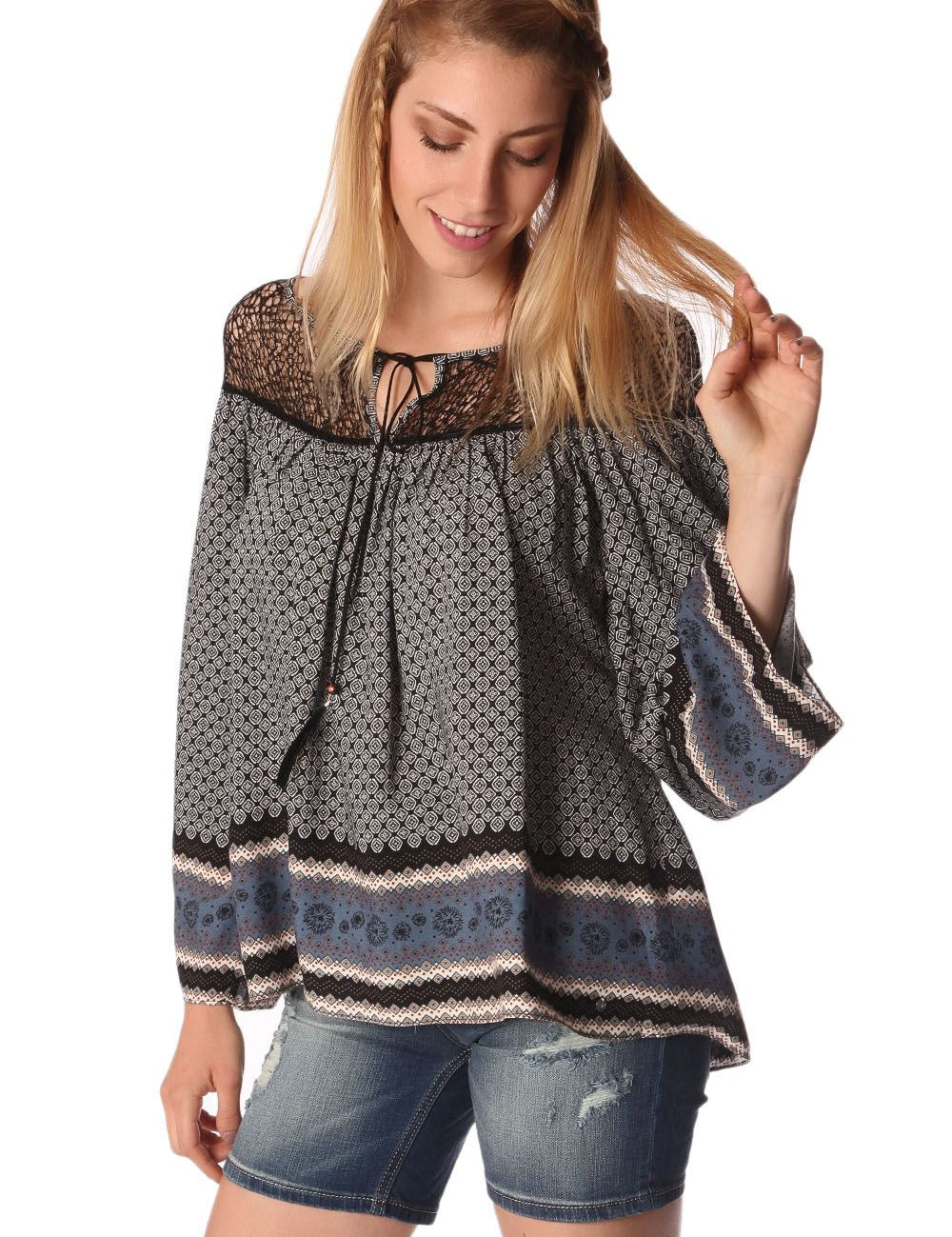 Elvarae Paisley Cage Blouse in gray with bohemian print and open neckline, paired with denim shorts for a casual look.