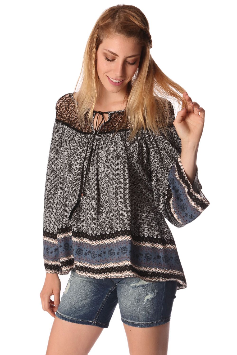 Elvarae Paisley Cage Blouse in gray with bohemian print and open neckline, paired with denim shorts for a casual look.