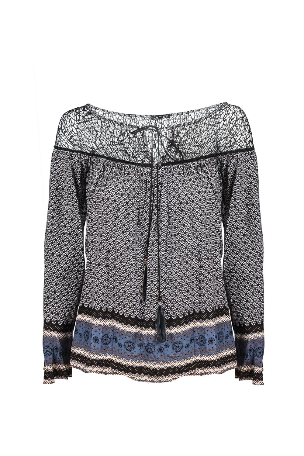 Elvarae Paisley Cage Blouse in gray with intricate paisley print and open cage neckline, lightweight rayon, bohemian style.