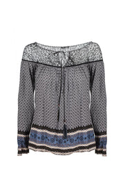 Elvarae Paisley Cage Blouse in gray with intricate paisley print and open cage neckline, lightweight rayon, bohemian style.