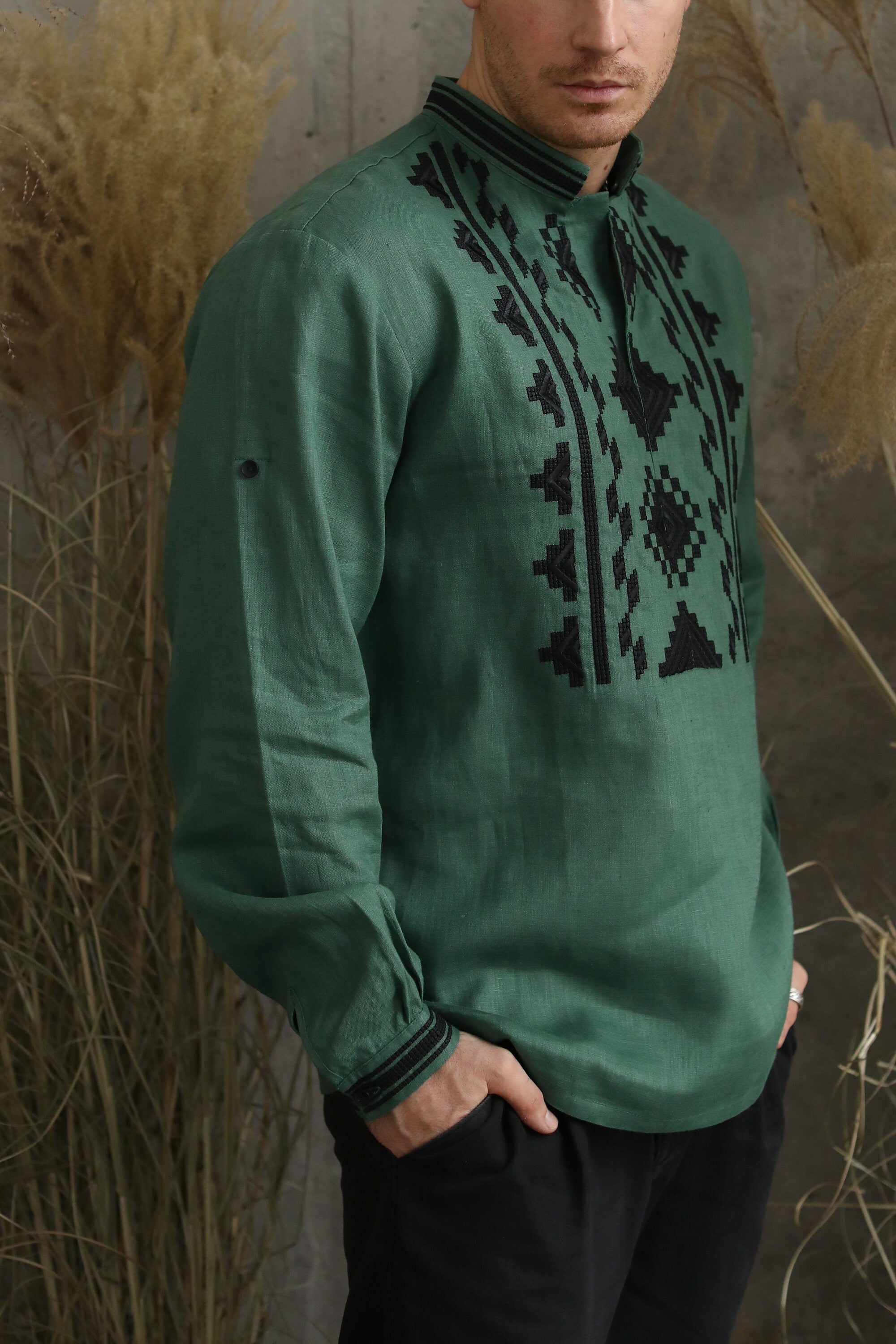 Green Linen Men's Embroidered Vyshyvanka Shirt - Traditional Ukrainian Design