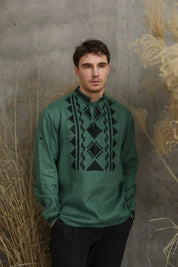Green linen men's embroidered Ukrainian shirt with traditional vyshyvanka design, perfect gift for him at cultural events.
