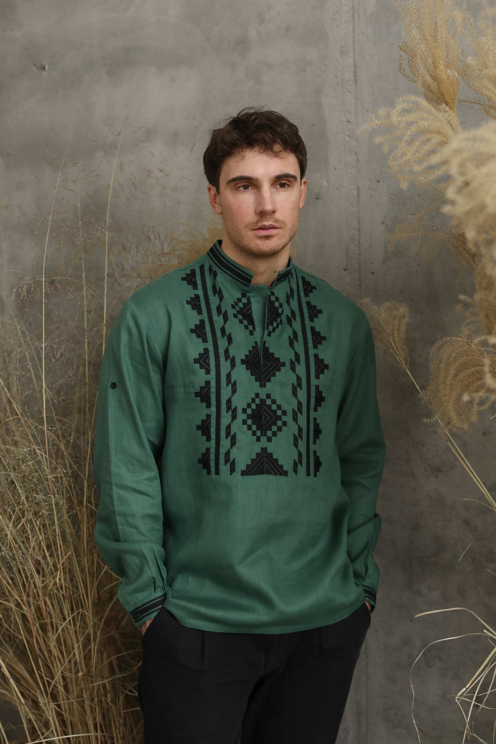 Green linen men's embroidered Ukrainian shirt with traditional vyshyvanka design, perfect gift for him at cultural events.