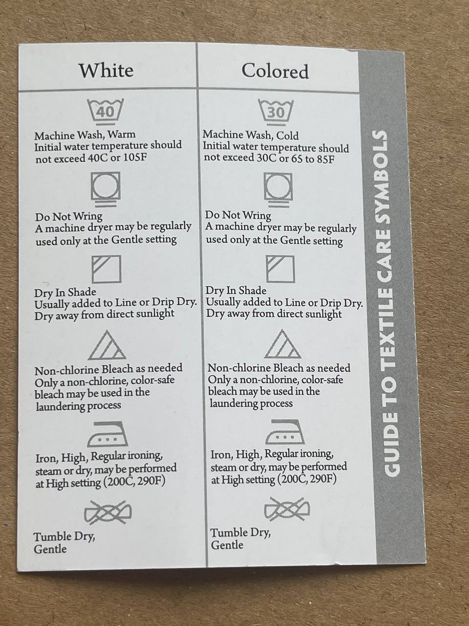 Guide to textile care symbols for white and colored fabrics detailing washing, drying, and ironing instructions.