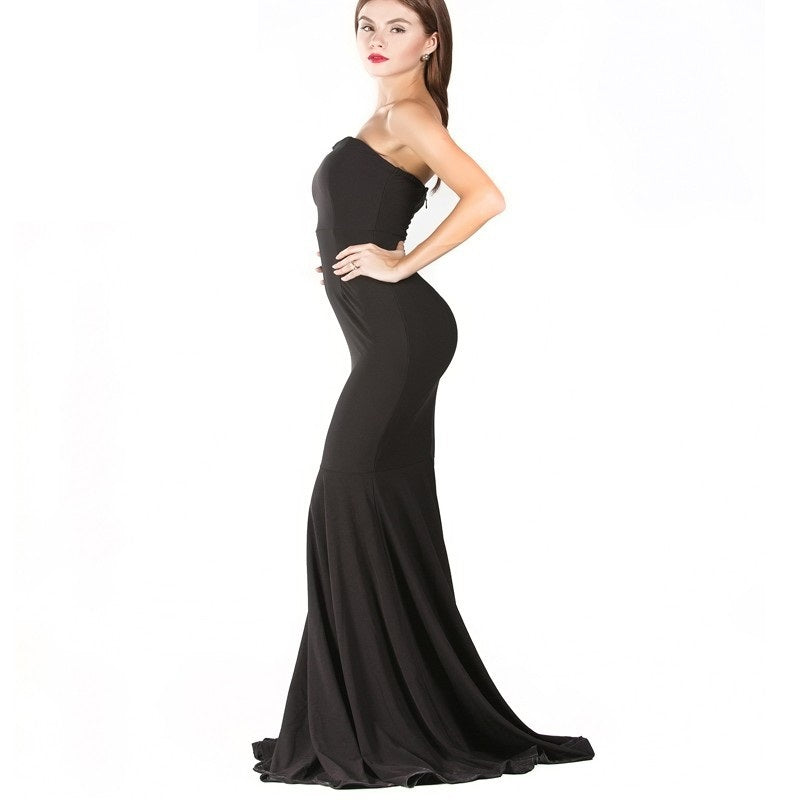 Velmira Black Mermaid Gown with elegant train and fitted silhouette, perfect for proms and formal events.