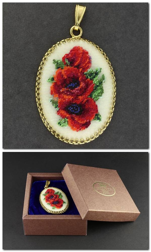 Hand-embroidered pendant necklace with floral miniature on silk, showcasing Petit Point technique in a gift box.
