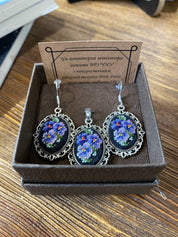 Hand-embroidered jewelry set with floral Petit Point silk pendant and earrings, showcasing Ukrainian craftsmanship in a gift box.