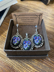 Hand-embroidered silk jewelry set with floral pattern, includes Petit Point pendant and earrings, showcasing Ukrainian craftsmanship.