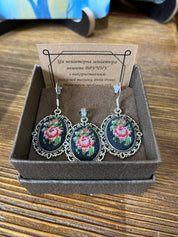 Hand-embroidered jewelry set with floral bouquet design, featuring a silk pendant and earrings in a gift box.