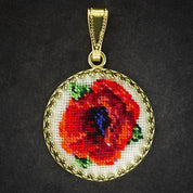 Hand-embroidered pendant necklace with floral Petit Point silk art, showcasing a refined Ukrainian micro-embroidery technique.