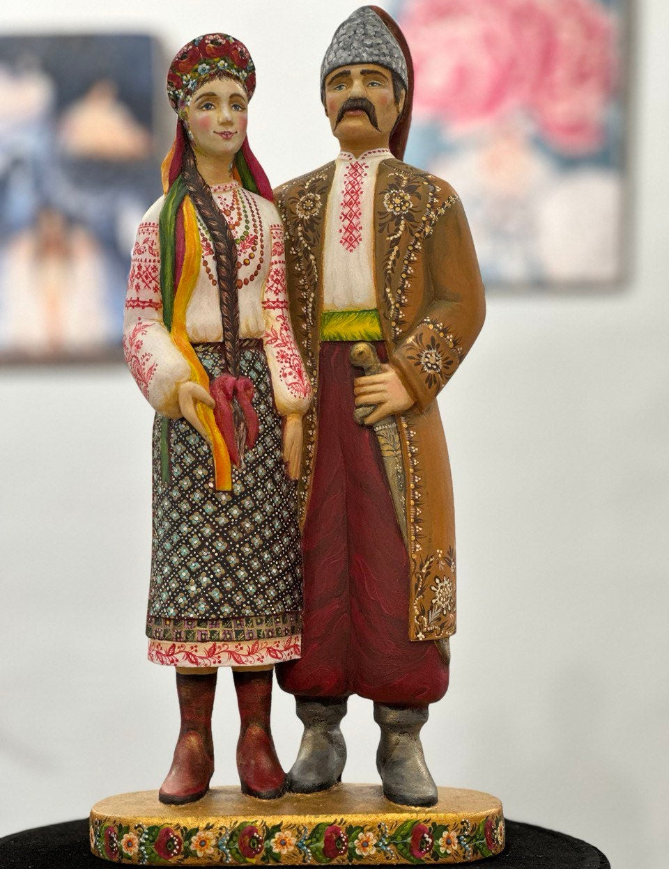 Hand-painted wooden couple figurine, Ukrainian style, 5th anniversary wedding gift.